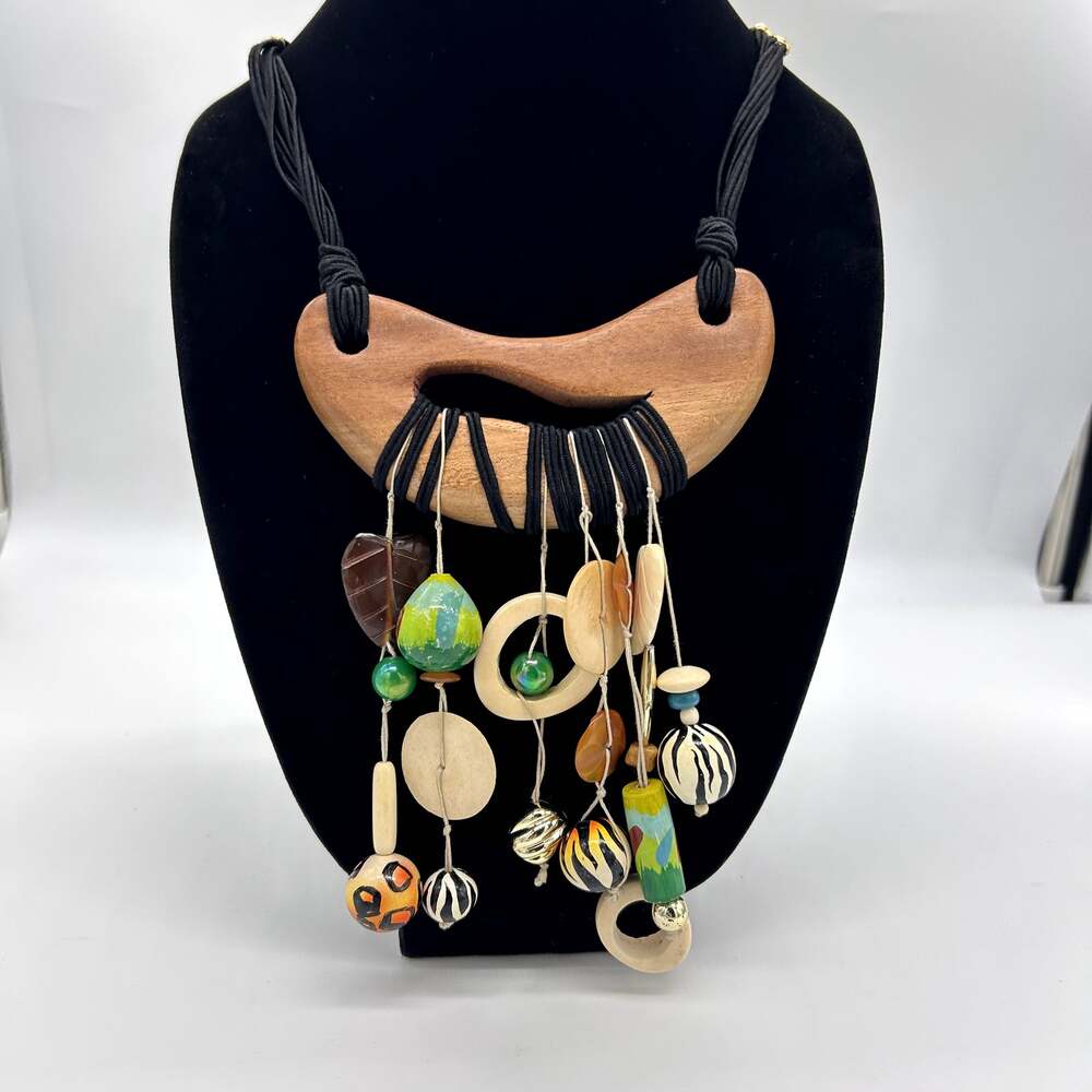 Vintage Wood Necklace Large Wooden Unique 80's 90's Animal Safari Tribal Jewelry